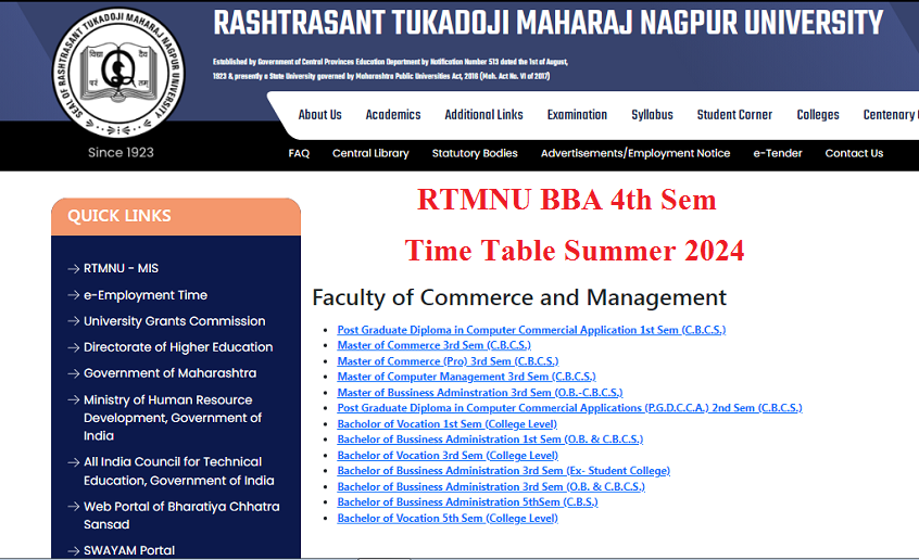 RTMNU BBA 4th Sem Time Table Summer 2024