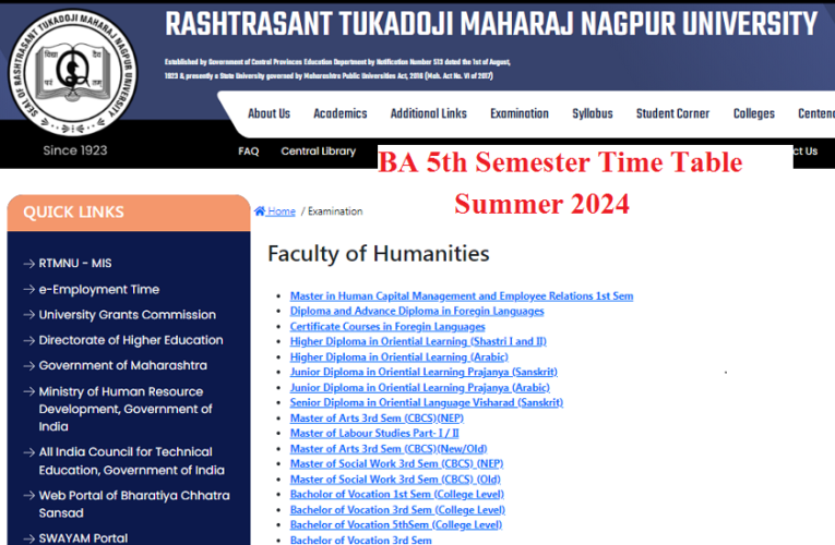 RTMNU BA 5th Semester Time Table  Summer 2024 Declared