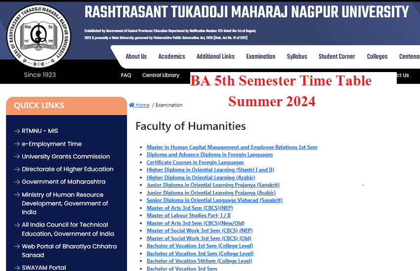 RTMNU BA 5th Semester Time Table  Summer 2024 Declared 