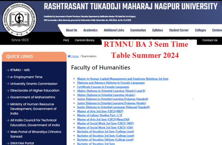 RTMNU BA 3rd Semester Time Table  Summer 2024 Declared 