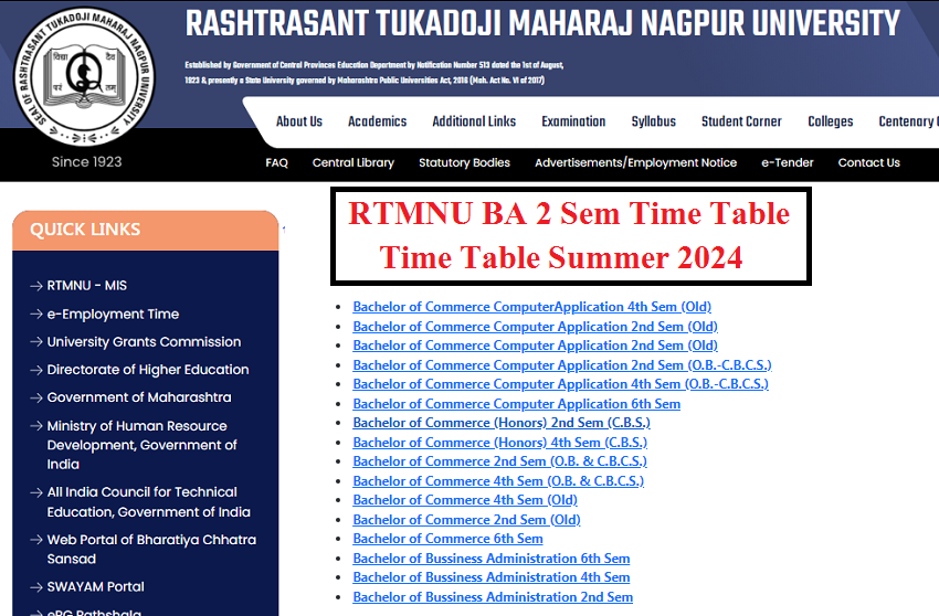 RTMNU BA 2 Sem Time Table Summer 2024
