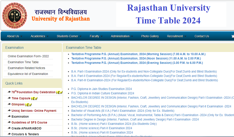 Rajasthan University Time Table 2024 BA BSc BCom BA.LLB And PG Exam