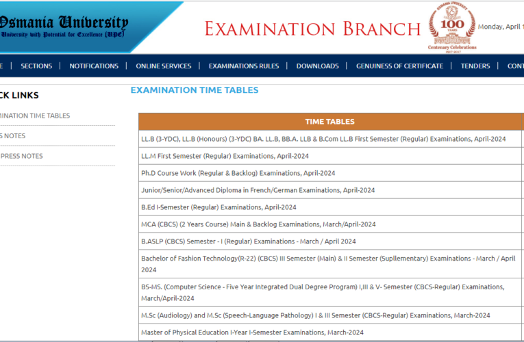 Osmania University Time Table 2024 A, B.Com, B.Sc, BBA, BCA, BE MA, M.Com, M.Sc, M.Tech semester exam