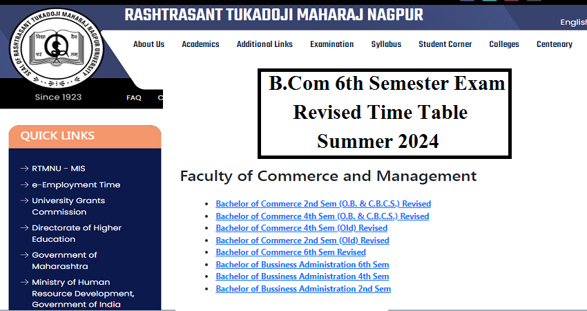 RTMNU B.Com 6th Sem Exam Time Table Summer 2024