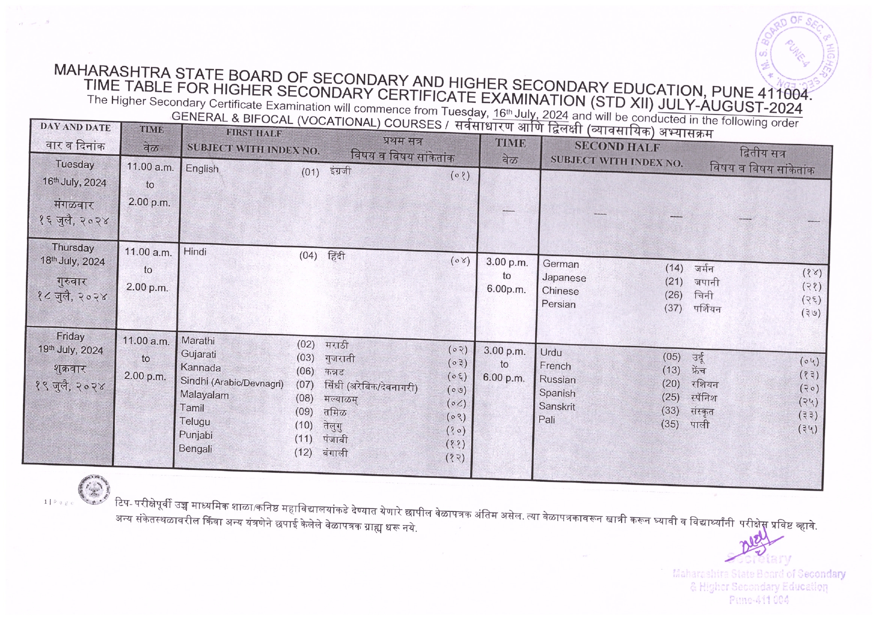 Maharashtra  Board 10th 12th Time Table July 2024