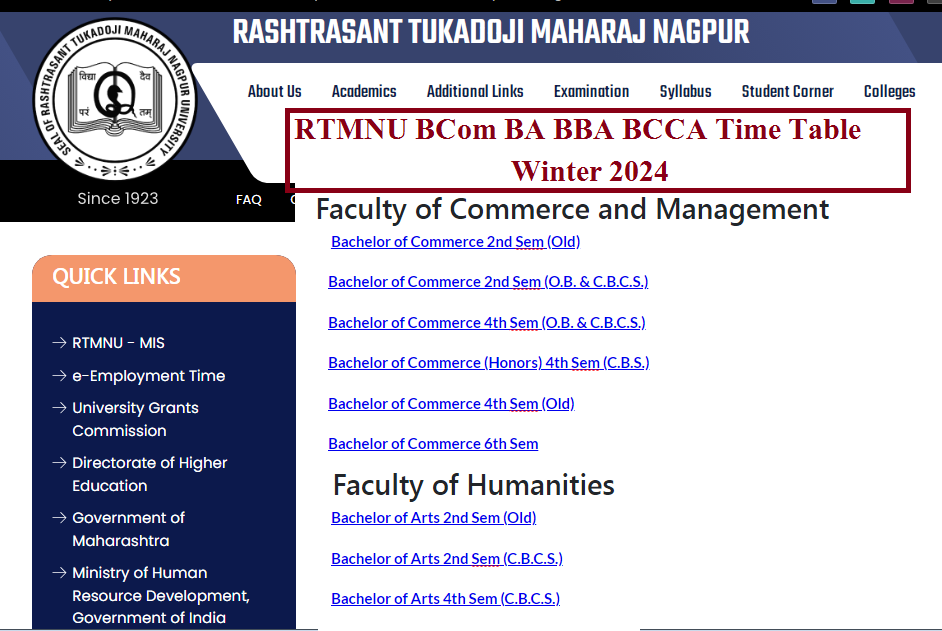 RTMNU BCom BA BBA BCCA Time Table Winter 2024