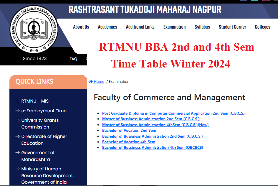 RTMNU BBA 2 and 4 Time Table Winter 2024