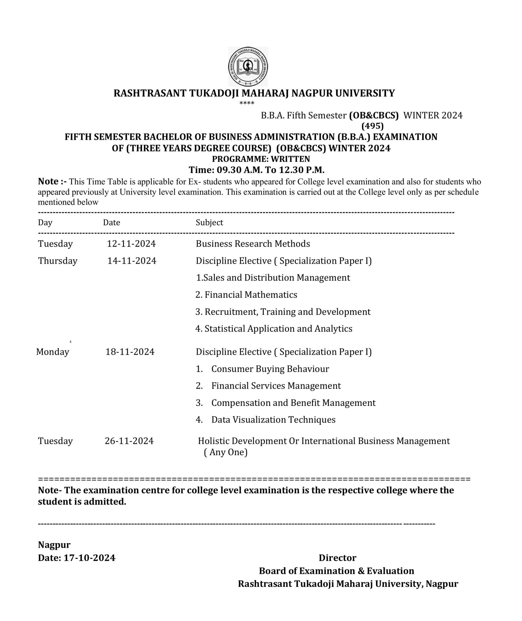 RTMNU BBA 3rd 5th Sem Time Table Winter 2024 GetResults