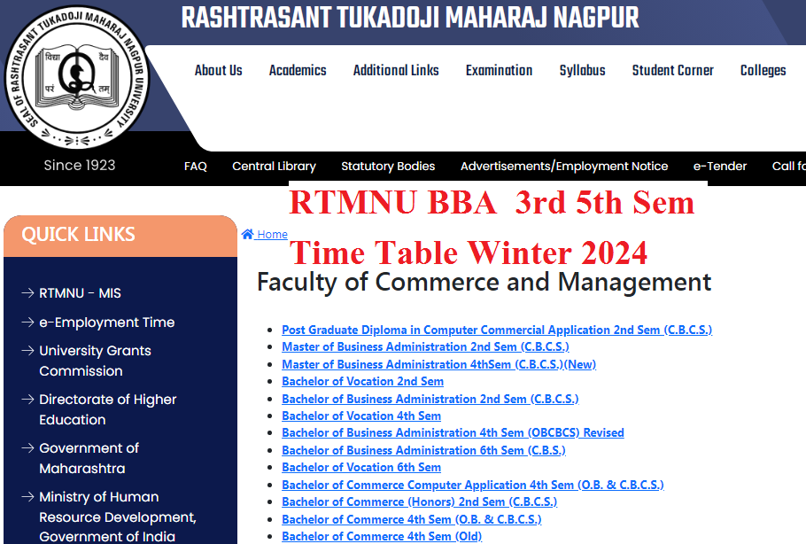 RTMNU BBA  3rd 5th Sem Time Table Winter 2024