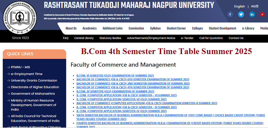 RTMNU BCom 4th Sem Time Table Summer 2025