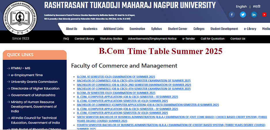 RTMNU BCom Time Table Summer 2025