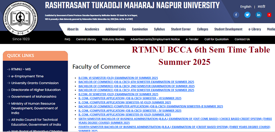 RTMNU BCCA 6th Sem Time Table Summer 2025