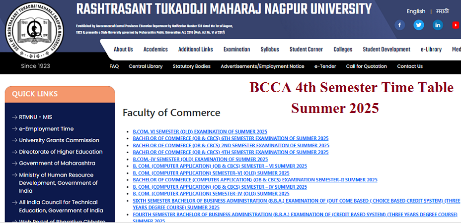 RTMNU BCCA 4th Sem Time Table Summer 2025