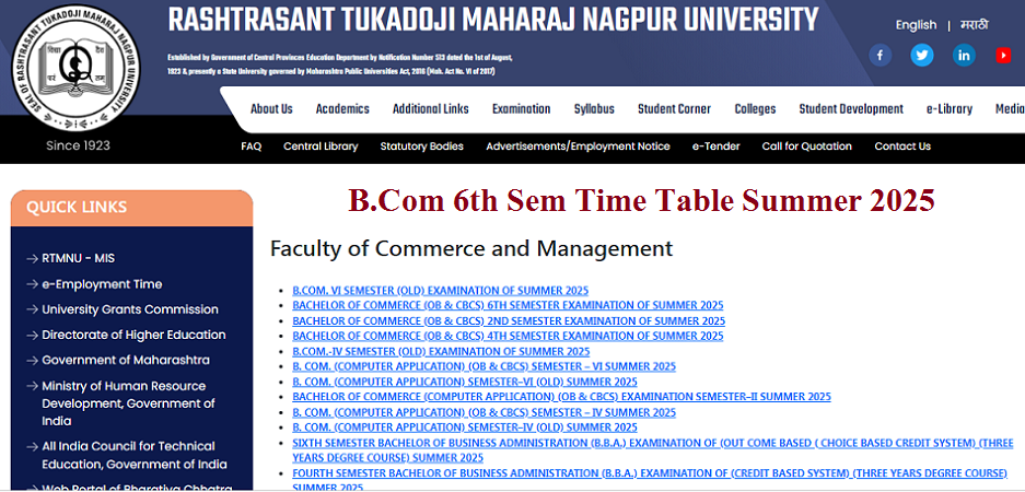 RTMNU B.Com 6th Sem Time Table Summer 2025