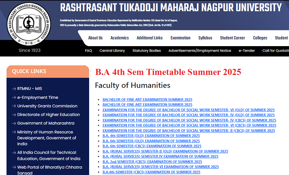 RTMNU BA 4 Sem Timetable Summer 2025