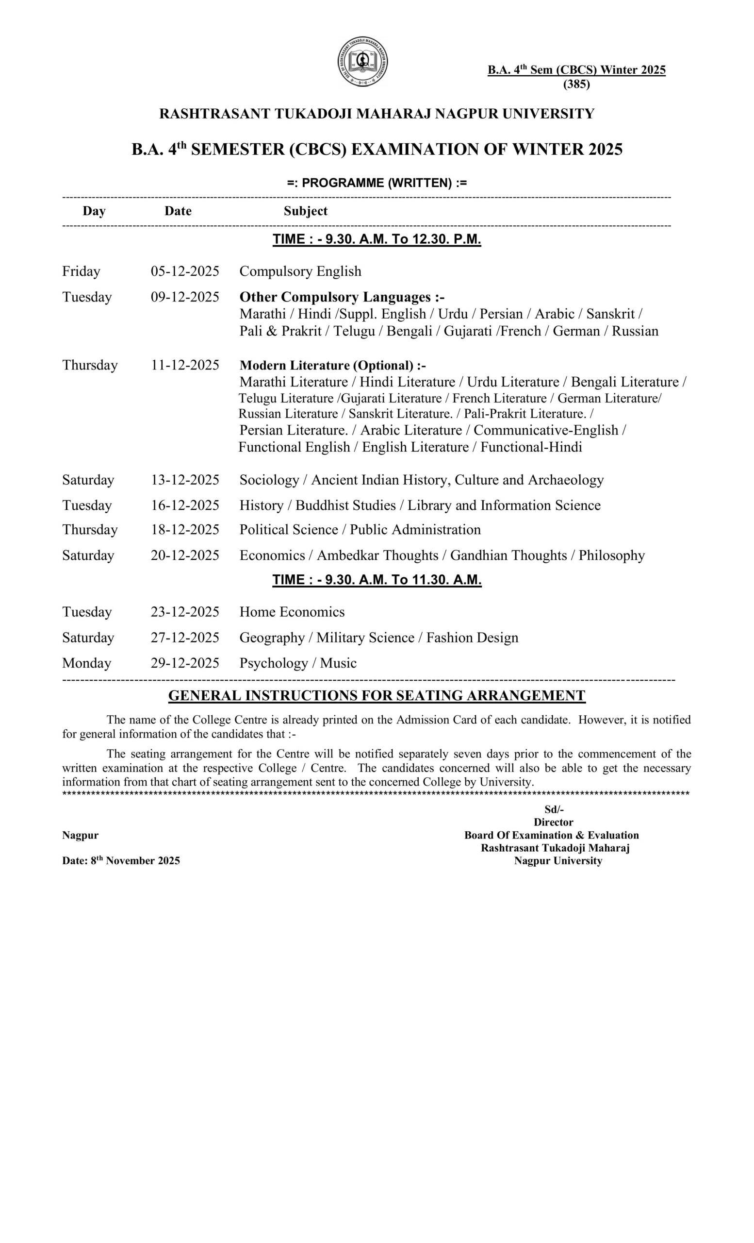 RTMNU BA 4 Sem Time Table Winter 2025