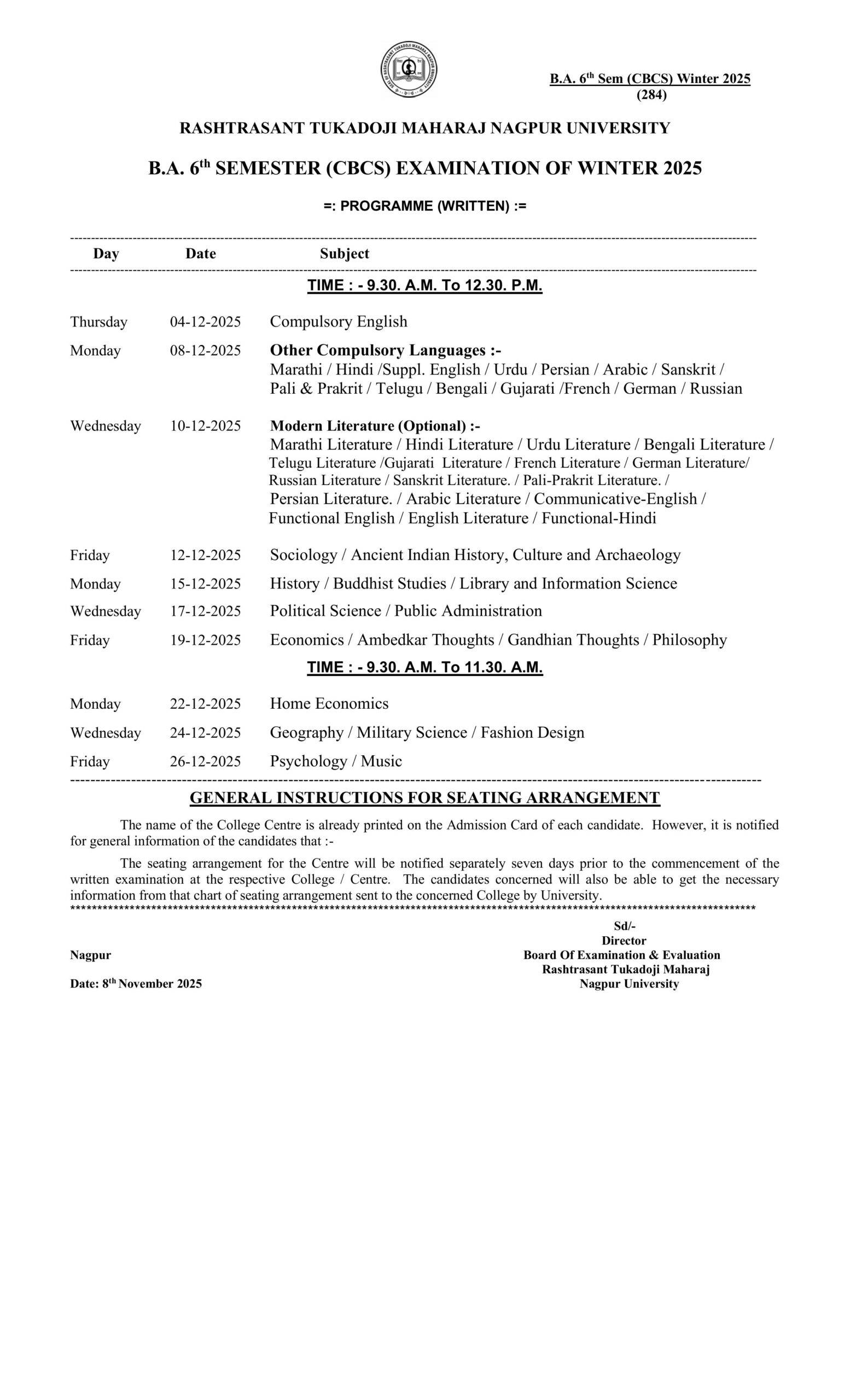 RTMNU BA 6 Sem Time Table Winter 2025