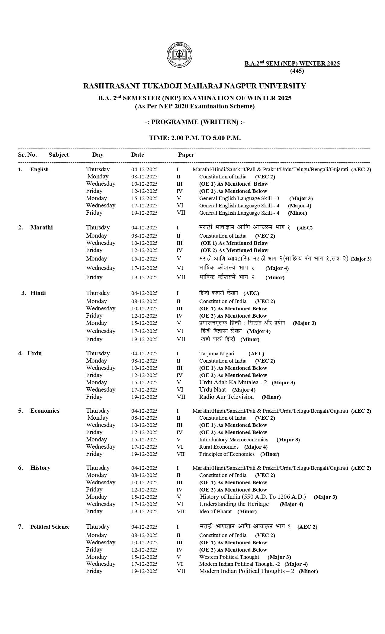 RTMNU BA 2 Sem NEP Time Table Winter 2025