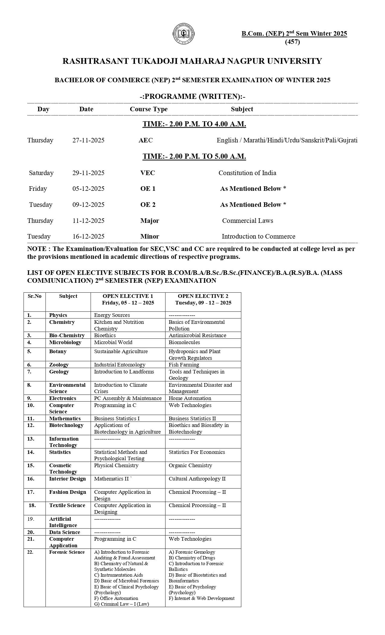 RTMNU B.Com 2nd Sem NEP Time Table Winter 2025