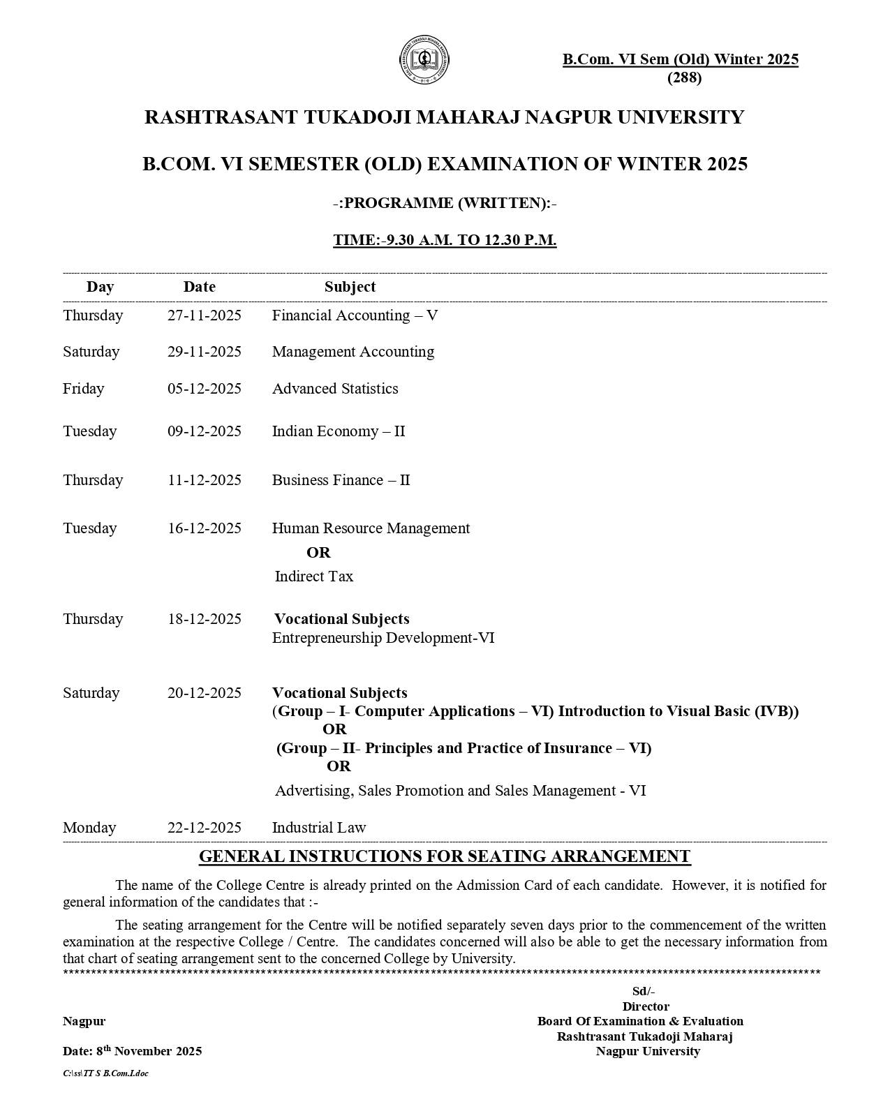 RTMNU B.Com 6 Sem Time Table Winter 2025