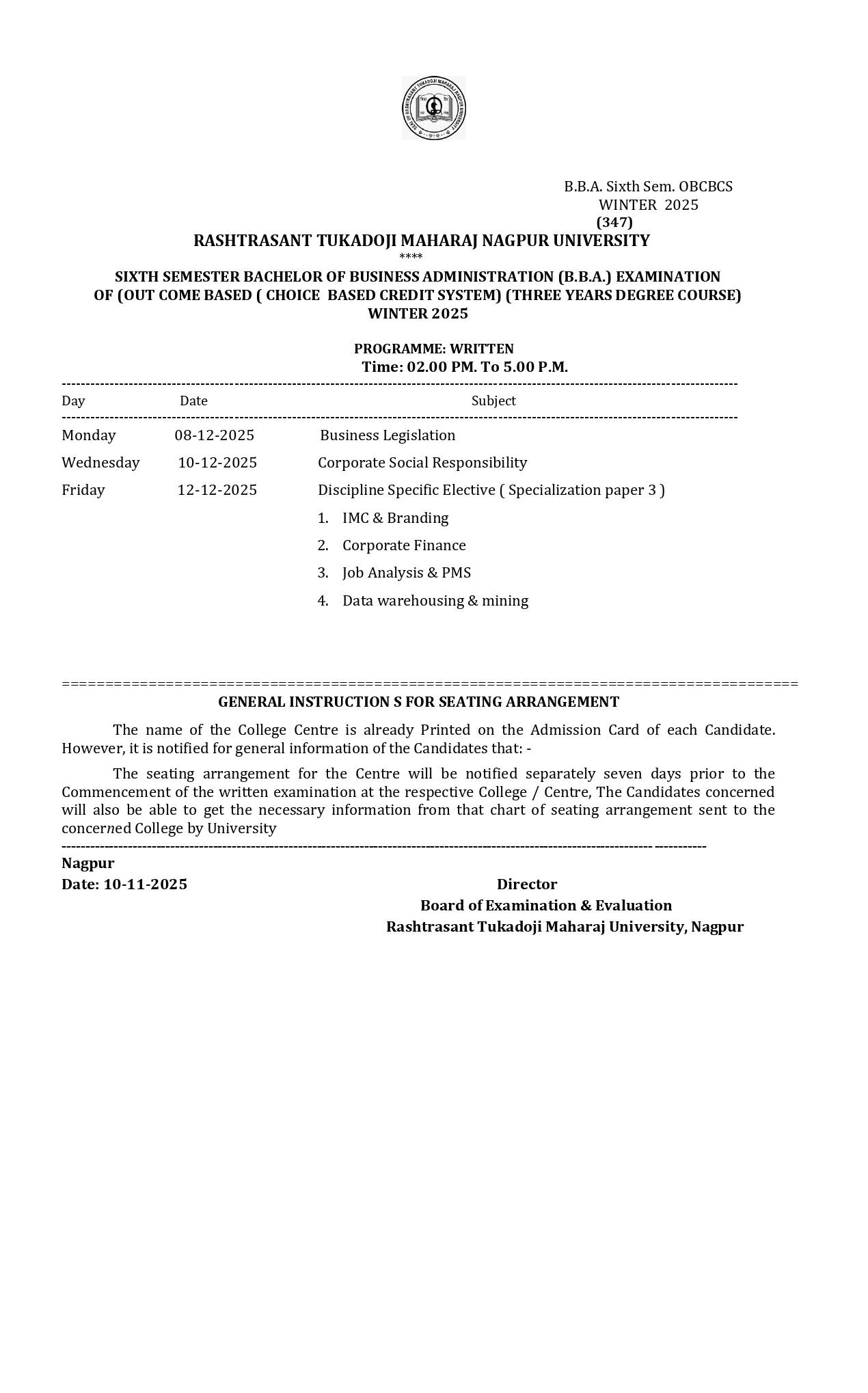 RTMNU BBA 6th Time Table Winter 2025