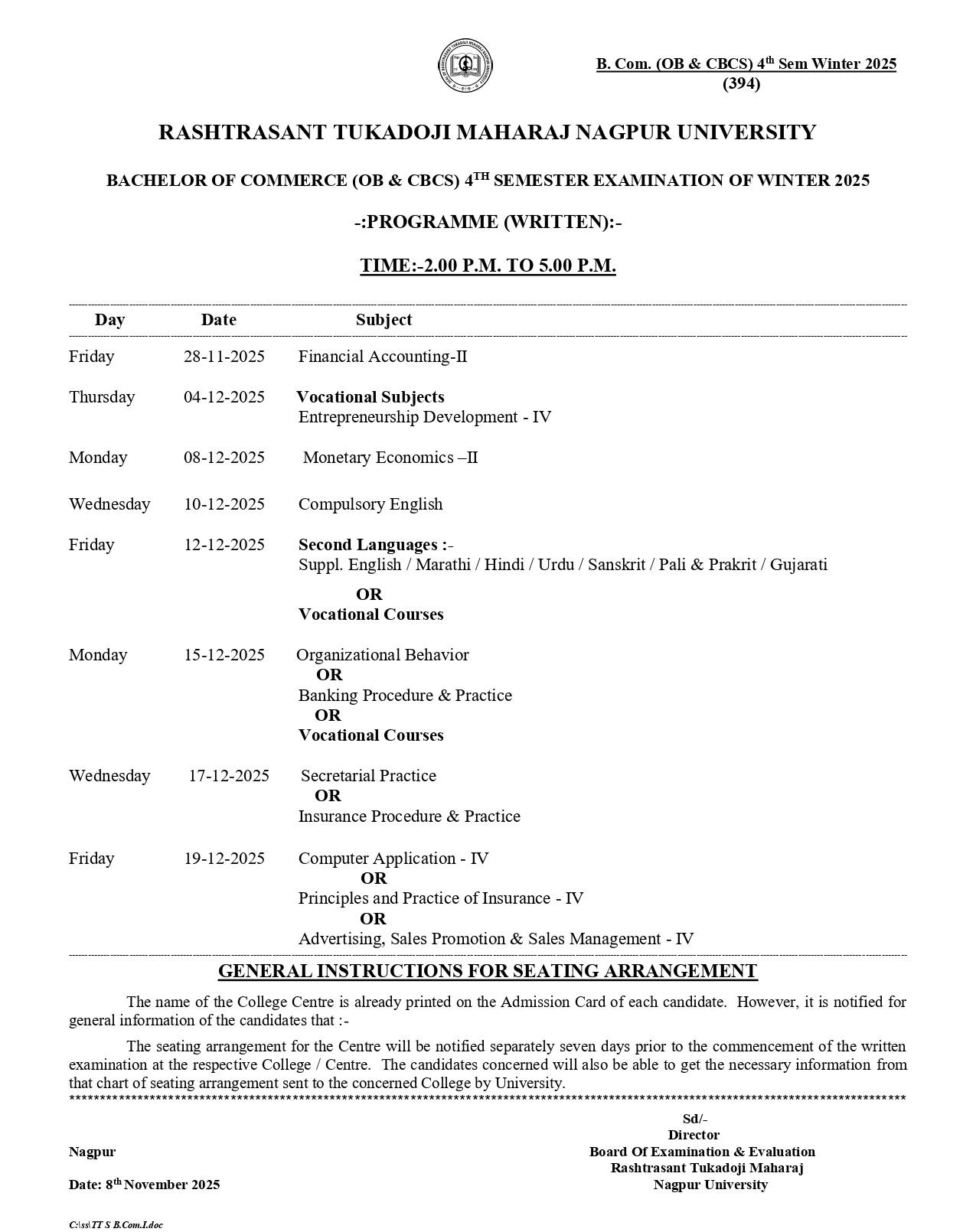 RTMNU B.Com 4th Sem (OB & CBCS) Time Table Winter 2025 Released Download Here PDF