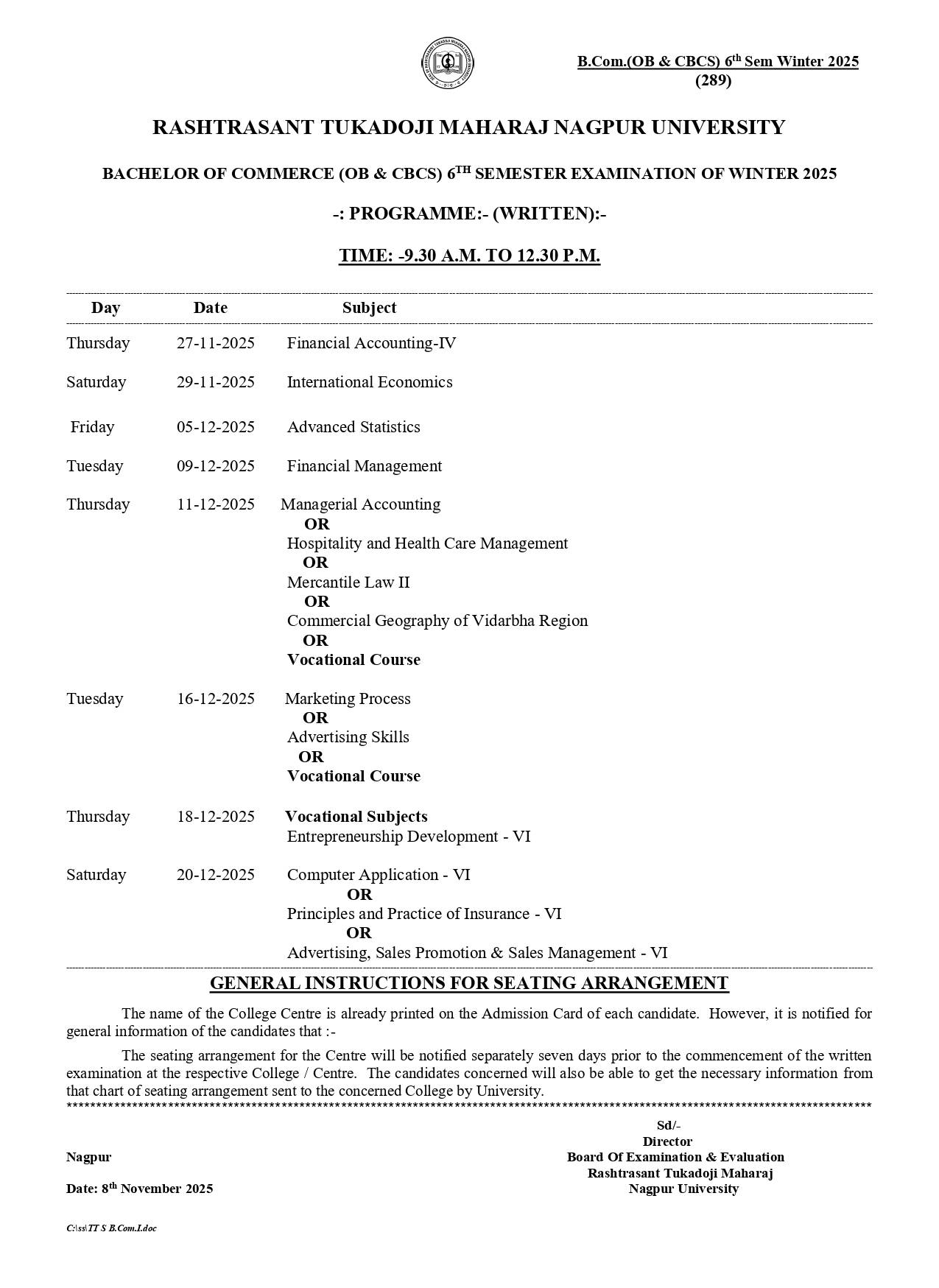 RTMNU B.Com 6 Sem OB CBCS Time Table Winter 2025