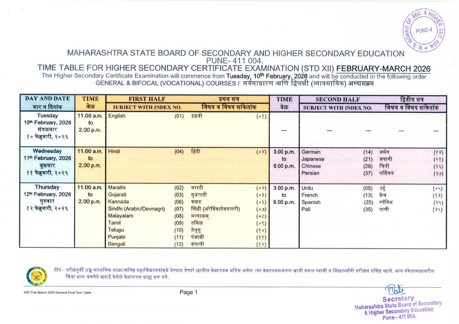 Maharashtra Board 12th Time Table 2026