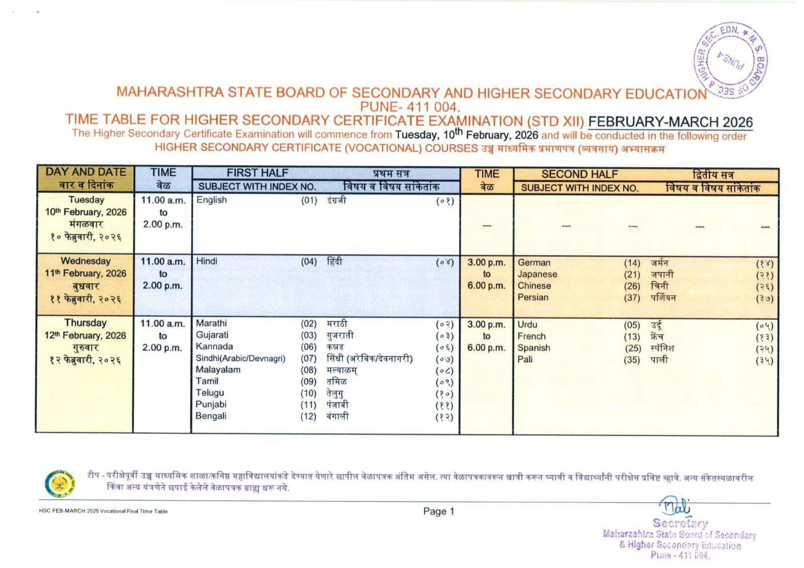 Maharashtra Board 12th Time Table 2026