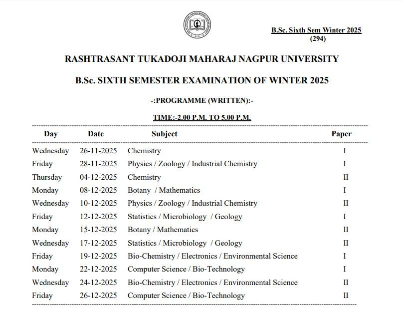 RTMNU B.Sc Time Table Winter 2025
