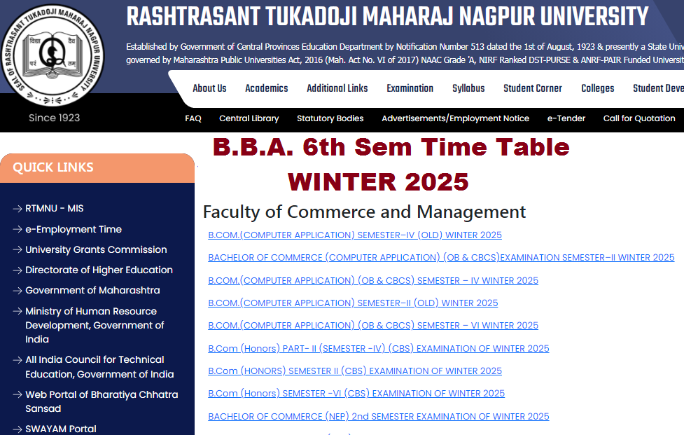 RTMNU BBA 6th Time Table Winter 2025
