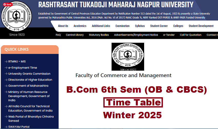 RTMNU B.Com 6 Sem OB CBCS Time Table Winter 2025