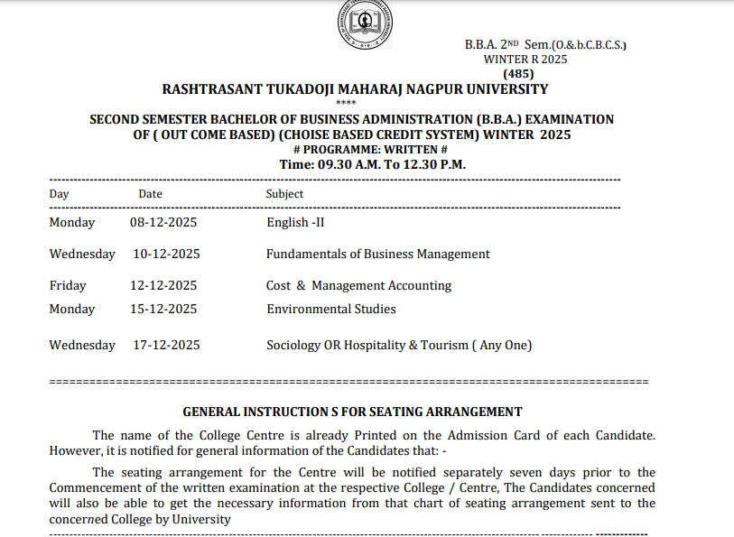 RTMNU BBA 2nd 4th OB CBCS Time Table Winter 2025