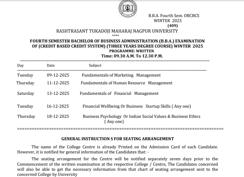 RTMNU BBA 2nd 4th OB CBCS Time Table Winter 2025