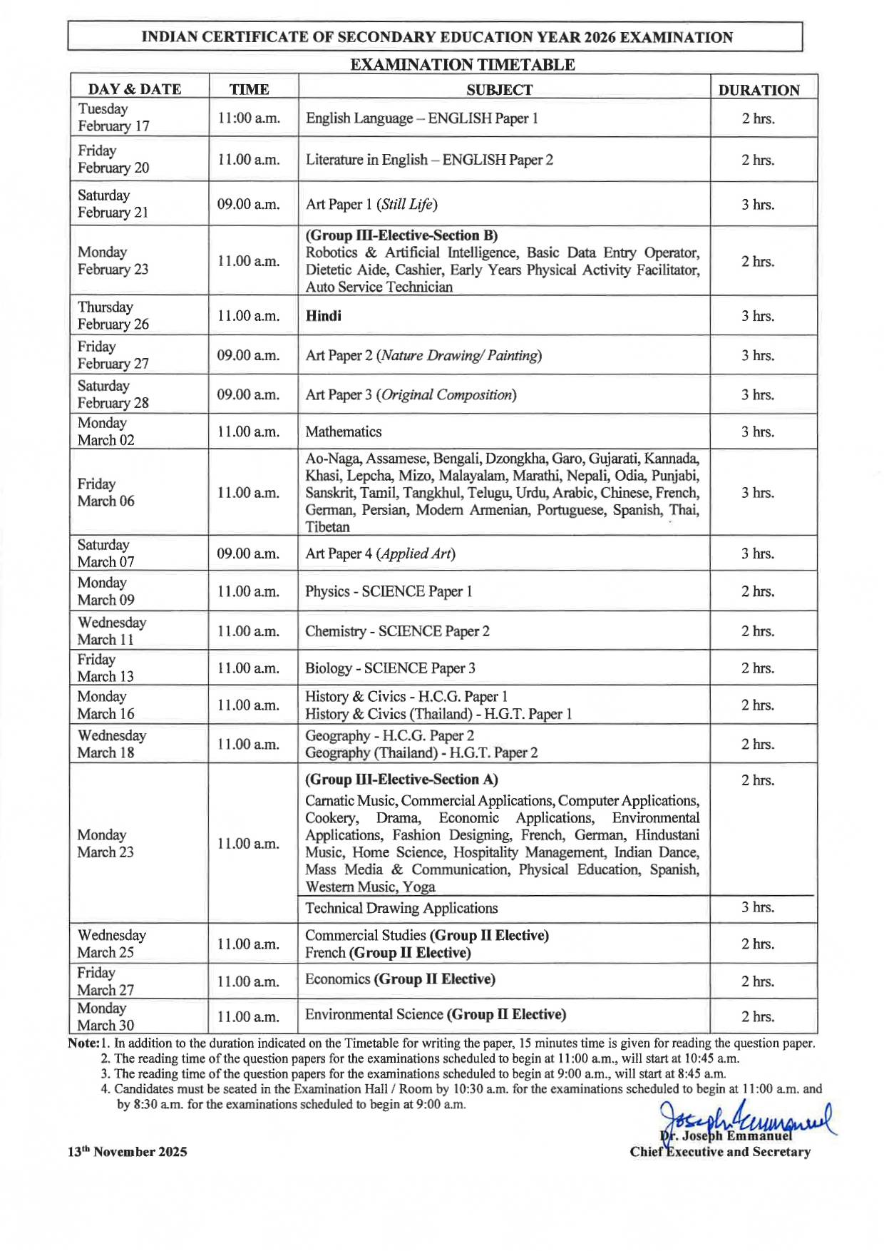 ICSE ISC 10th 12th Time Table 2026