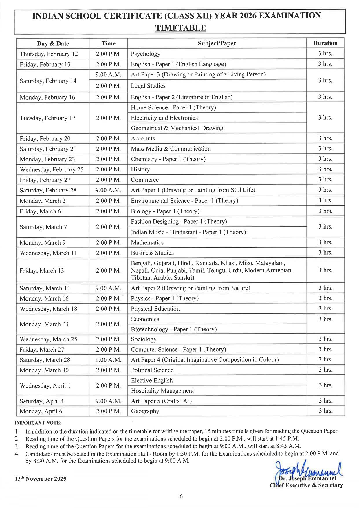ICSE ISC 10th 12th Time Table 2026