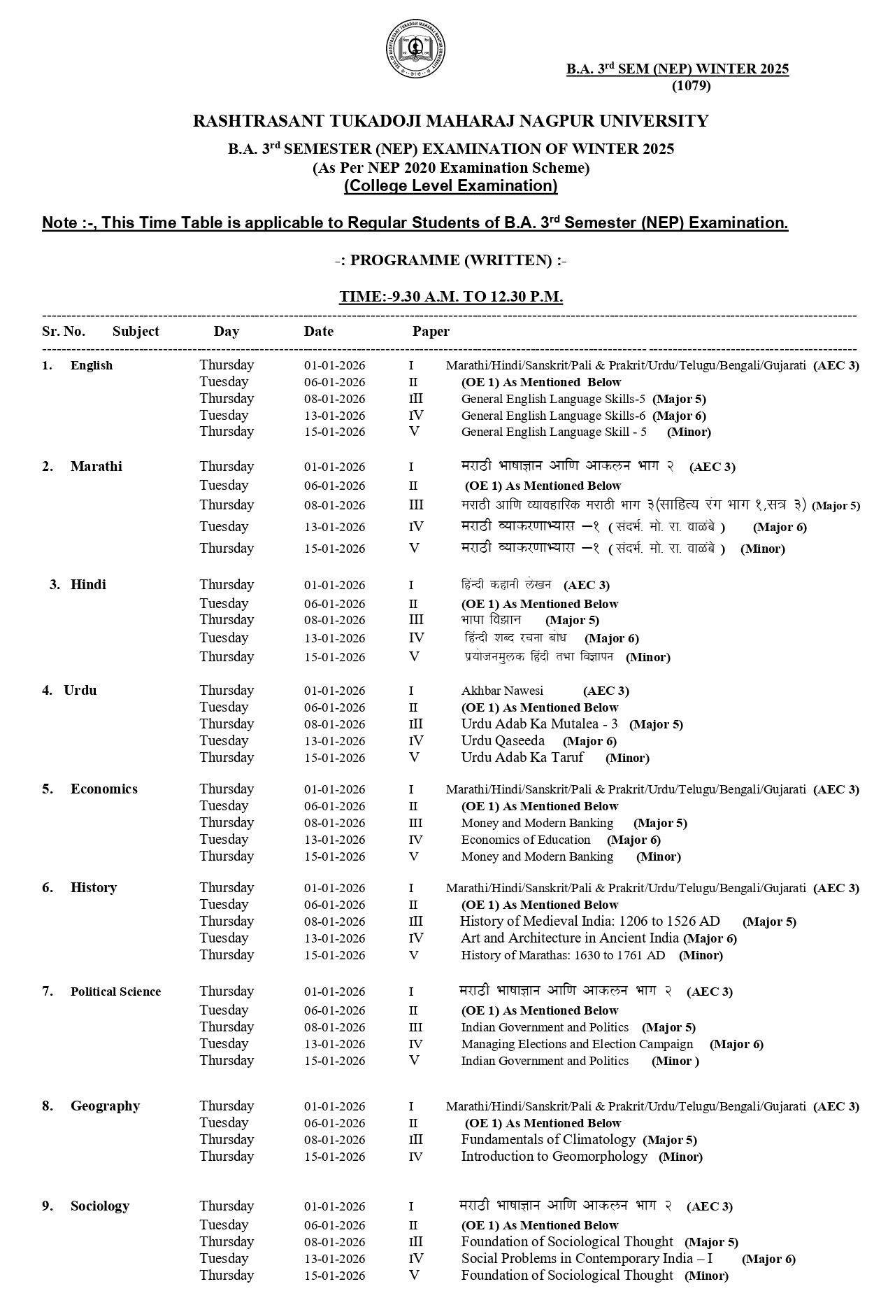RTMNU BA 5th 3rd Time Table 2025 