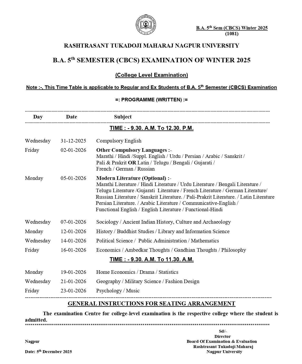 RTMNU BA 5th 3rd Time Table 2025 