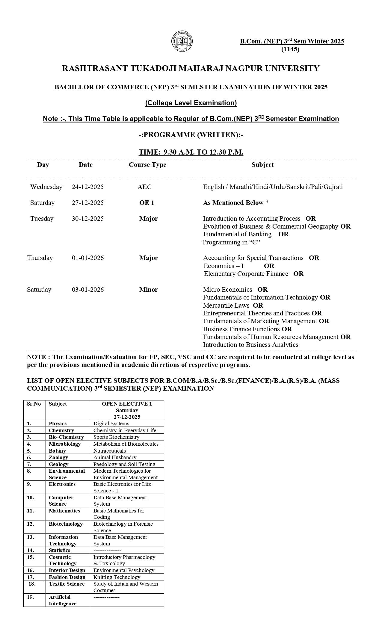 RTMNU BCom 3 Sem NEP Time Table 2025