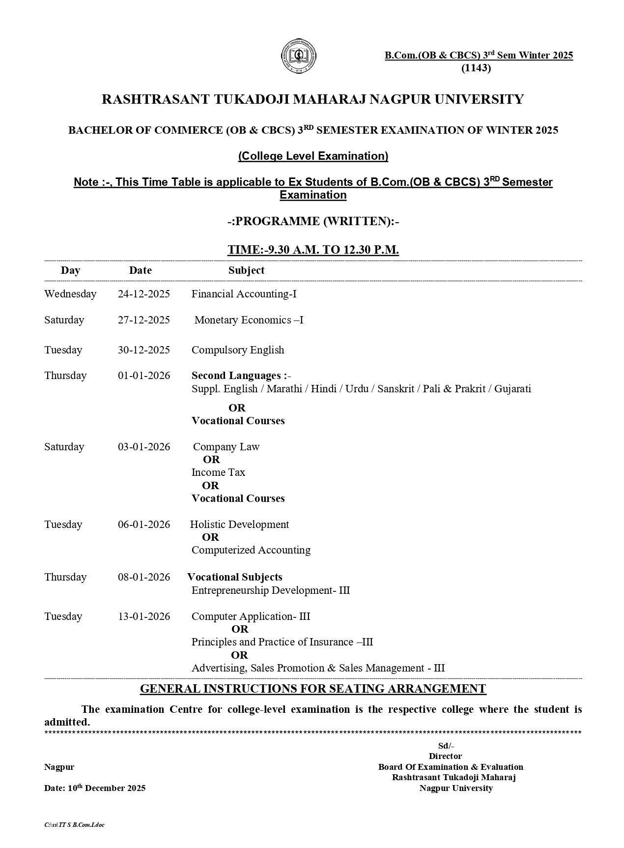 RTMNU BCom 5th 3rd Time Table 2025