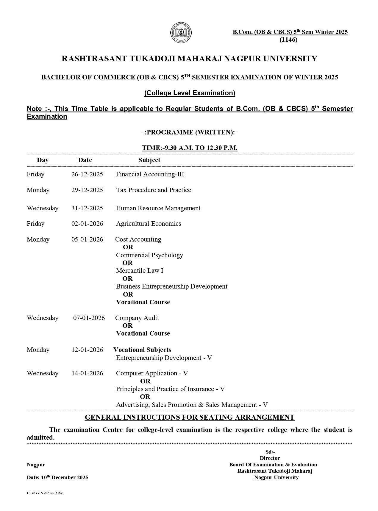 RTMNU BCom 5th 3rd Time Table 2025