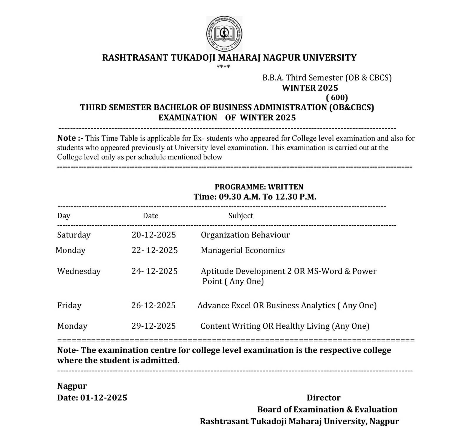 RTMNU BBA 5th 3rd Time Table 2025