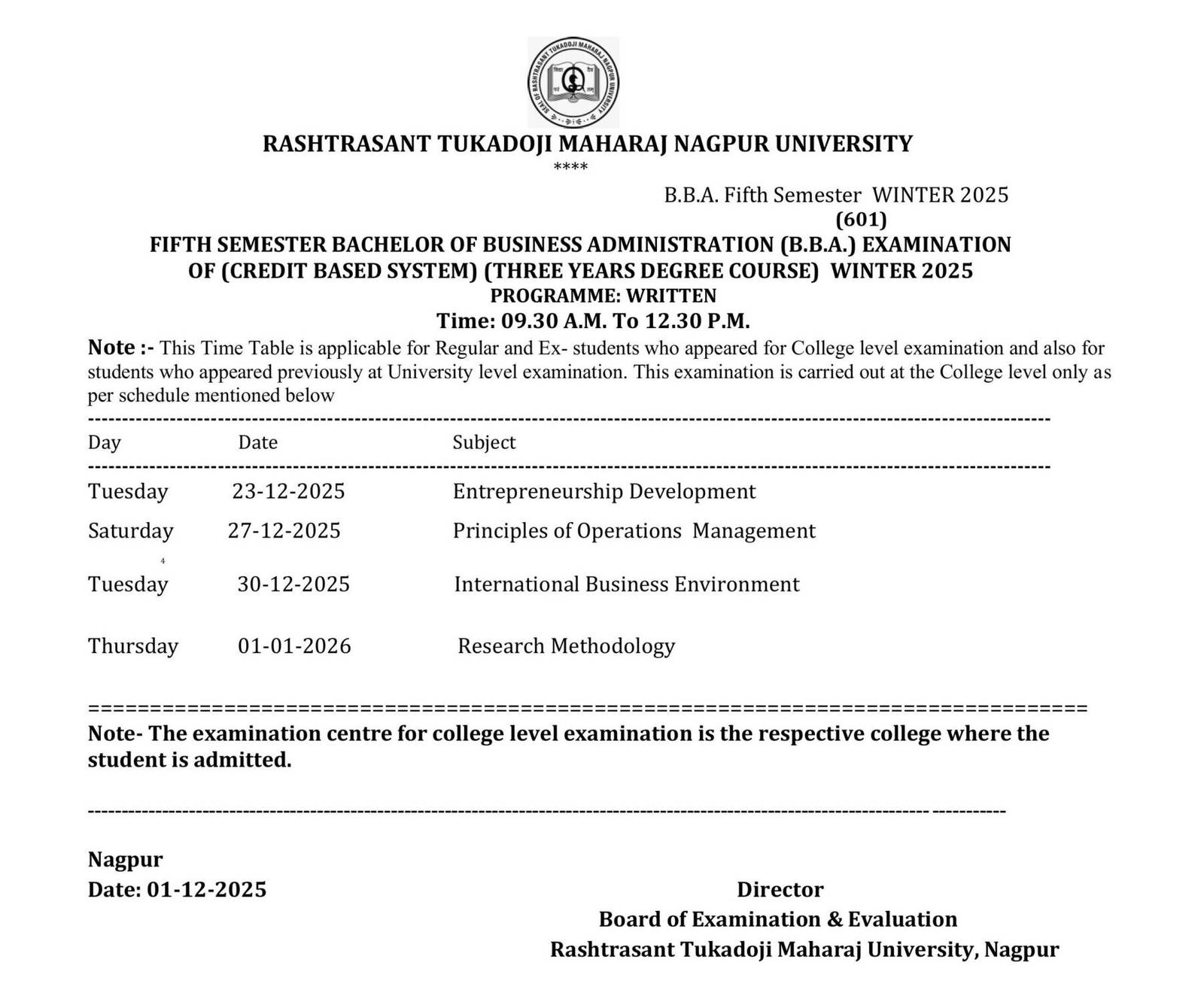 RTMNU BBA 5th 3rd Time Table 2025